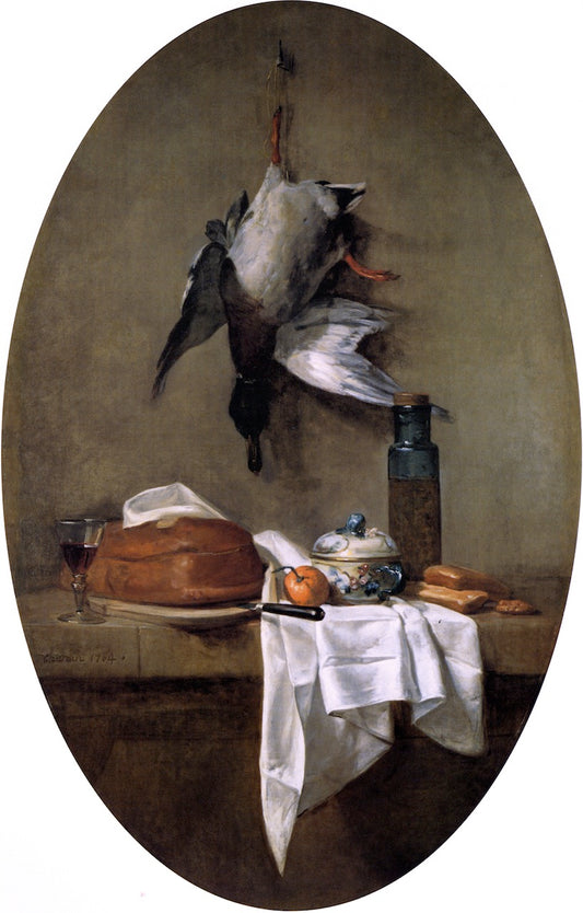 Duck Hanging by  one Leg, Pâte, Bowl and Jar of Olives, vintage artwork by Jean-Baptiste-Simeon Chardin, 12x8" (A4) Poster