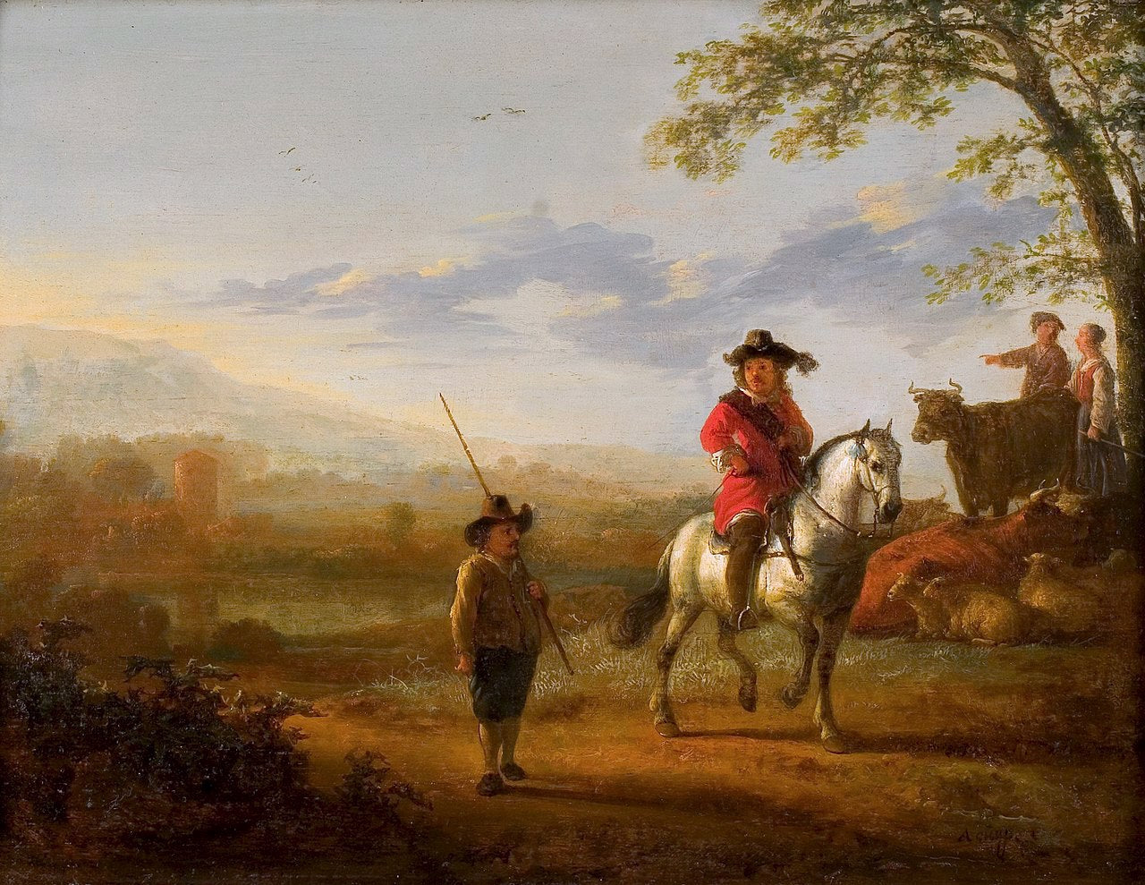 Landscape with Horseman, Shepherds and Cattle, vintage artwork by Aelbert Cuyp, 12x8" (A4) Poster