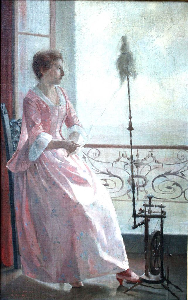 Young Woman Spinning Yarn by  the Window, vintage artwork by Rene-Paul Schutzenberger, 12x8" (A4) Poster