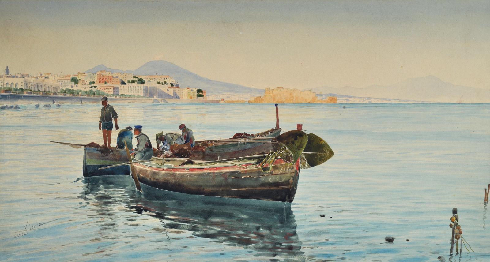 Fishermen in Mergellina, vintage artwork by Vincenzo Loria, 12x8" (A4) Poster