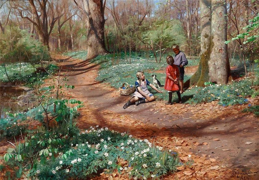 Kids picking anemones and violets in a forest with unfolding beeches, vintage artwork by Peder Mork Mønsted, 12x8" (A4) Poster