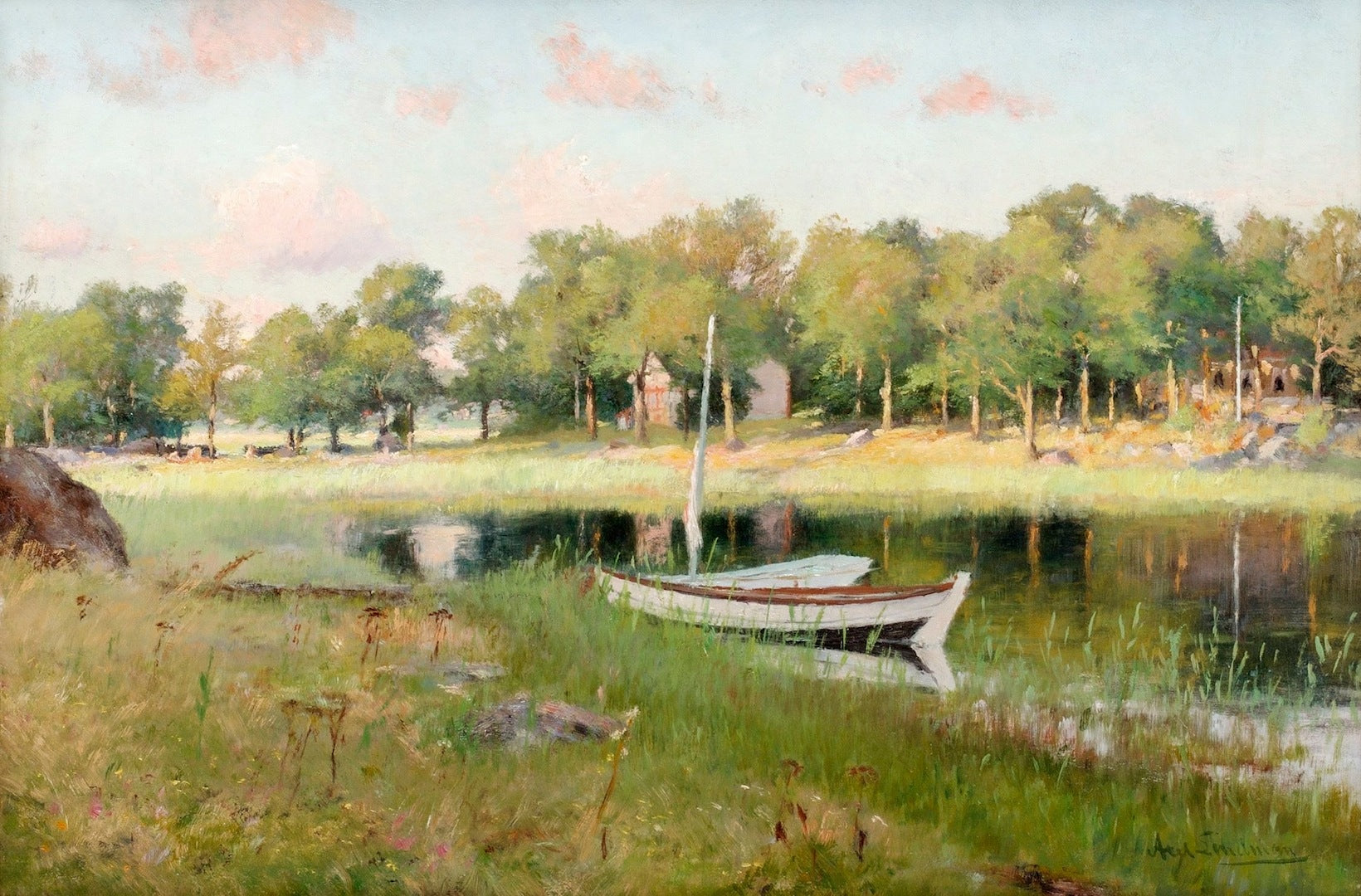 River Landscape In Evening Sun, vintage artwork by Knut Axel Lindman, 12x8" (A4) Poster