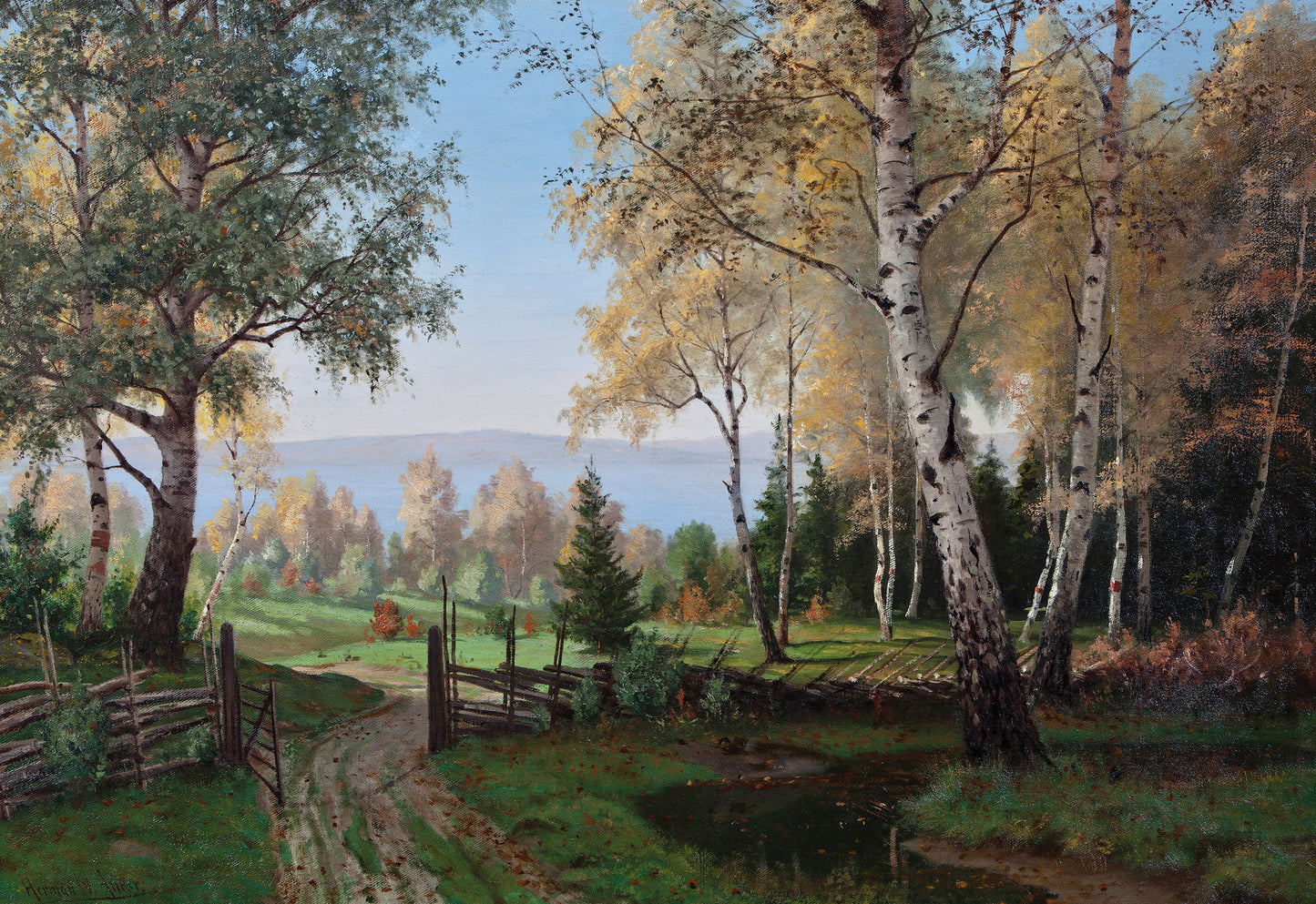 Forest Landscape with Country Road by  a Lake, vintage artwork by Johan Herman Wedel Anker, 12x8" (A4) Poster