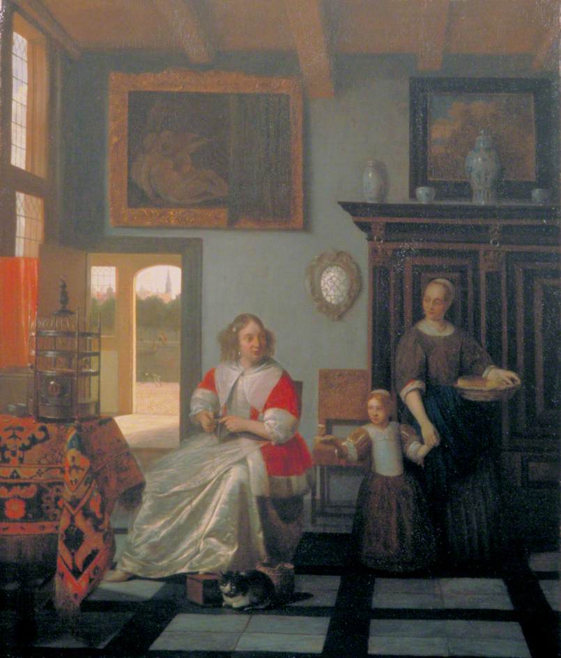 Interior with a Woman Knitting, a Serving Woman and a Child, vintage artwork by Pieter de Hooch, 12x8" (A4) Poster