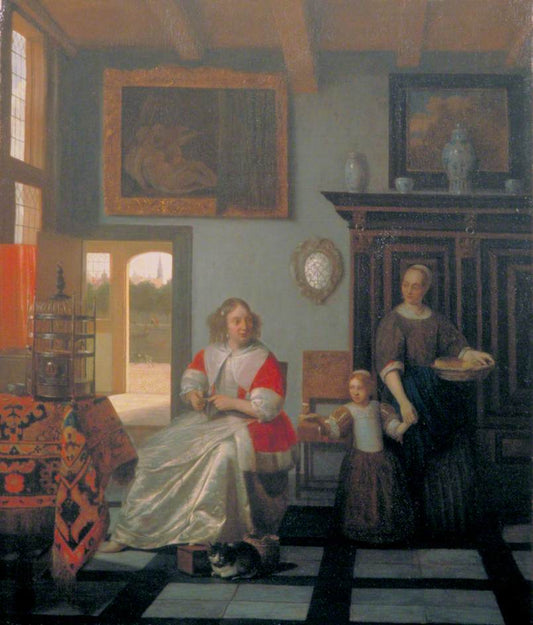 Interior with a Woman Knitting, a Serving Woman and a Child, vintage artwork by Pieter de Hooch, 12x8" (A4) Poster