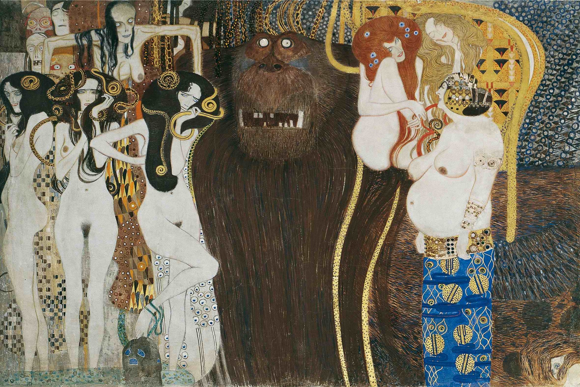 The Beethoven Frieze (detail): The Hostile Powers, vintage artwork by Gustav Klimt, 12x8" (A4) Poster