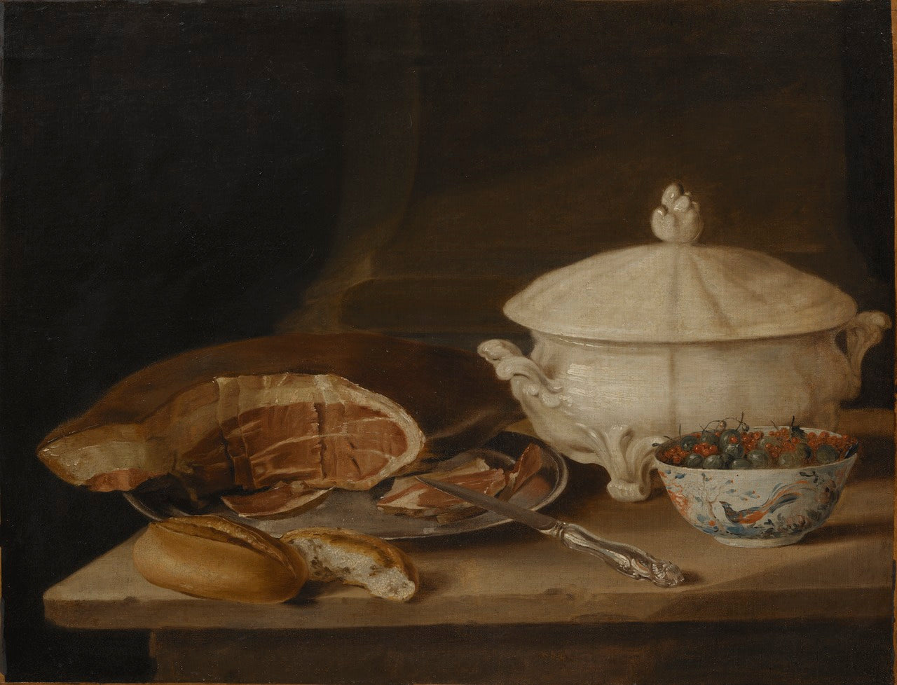 Still Life with Ham on a Pewter Dish, a Faience Set and a Bowl of Gooseberries and Red Currants, vintage artwork by Pehr Hilleström, 12x8" (A4) Poster