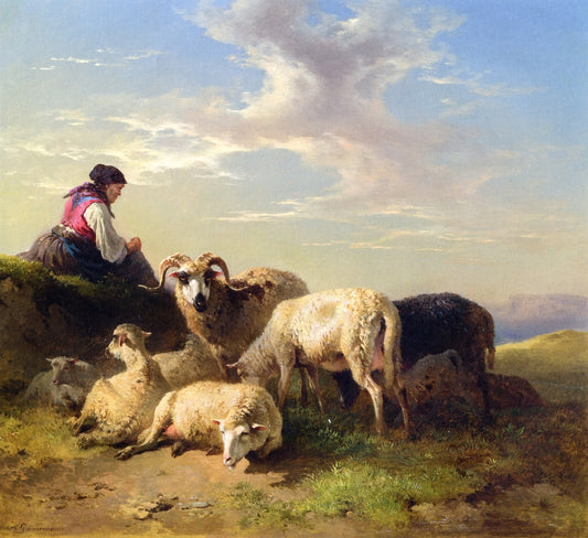 Shepherdess with Flock of Sheep, vintage artwork by Friedrich Gauermann, A3 (16x12") Poster Print