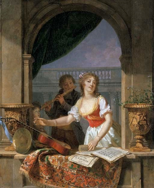 Lady reaching for a guitar, boy playing the flute, vintage artwork by Martin Drölling, 12x8" (A4) Poster
