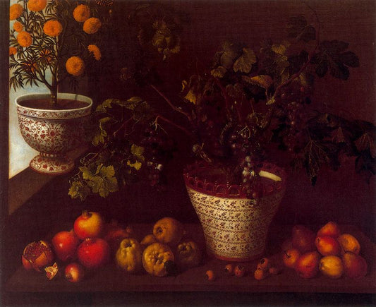 Bodegón de frutas y macetas de Manises, vintage artwork by Tomàs Yepes, 12x8" (A4) Poster
