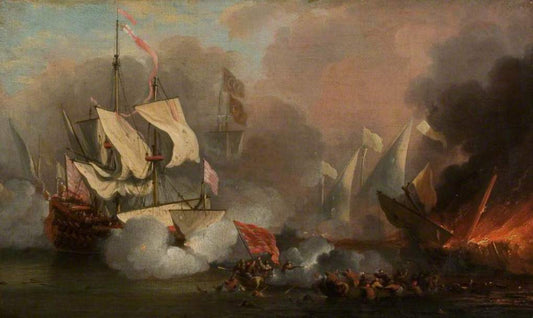 Men o' War in Action, vintage artwork by Willem van der Velde the Elder, 12x8" (A4) Poster