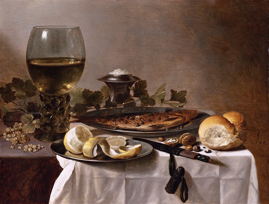 Still Life with Herring, Wine and Bread, vintage artwork by Pieter Claesz, 12x8" (A4) Poster