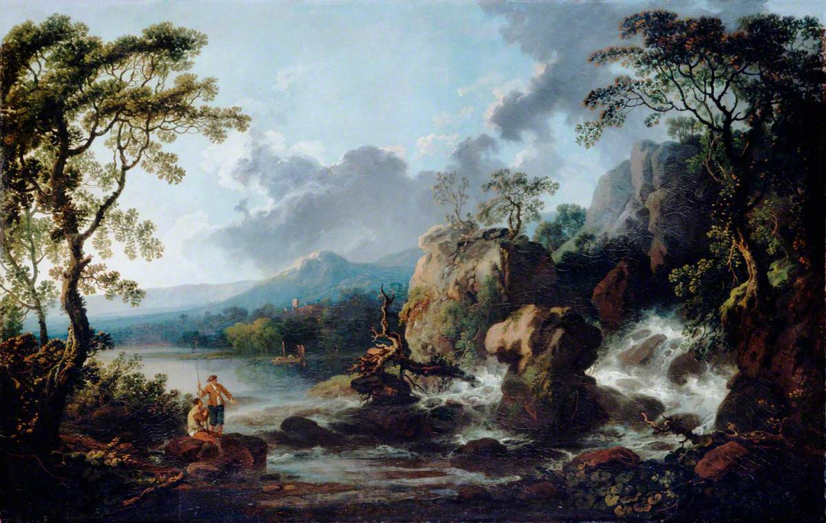 Landscape, Fishermen by  a Waterfall, vintage artwork by Philippe-Jacques de Loutherbourg, 12x8" (A4) Poster