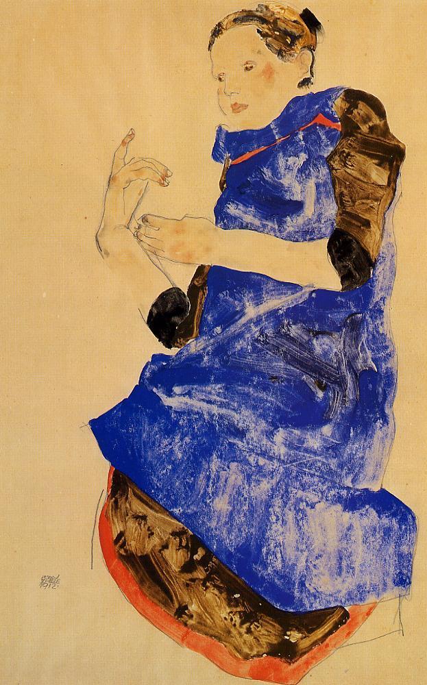 Girl in a Blue Apron, vintage artwork by Egon Schiele, 12x8