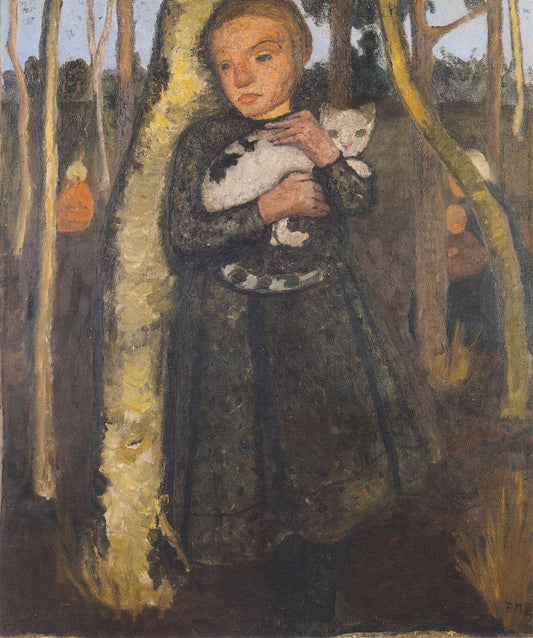 Girl with Cat in the birch forest, vintage artwork by Paula Modersohn-Becker, 12x8" (A4) Poster