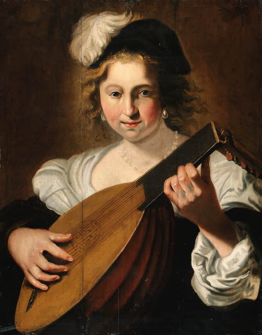 A Lady Playing A Lute, vintage artwork by Christiaen van Couwenbergh, 12x8