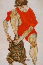 Female Model in Bright Red Jacket and Pants, vintage artwork by Egon Schiele, 12x8" (A4) Poster