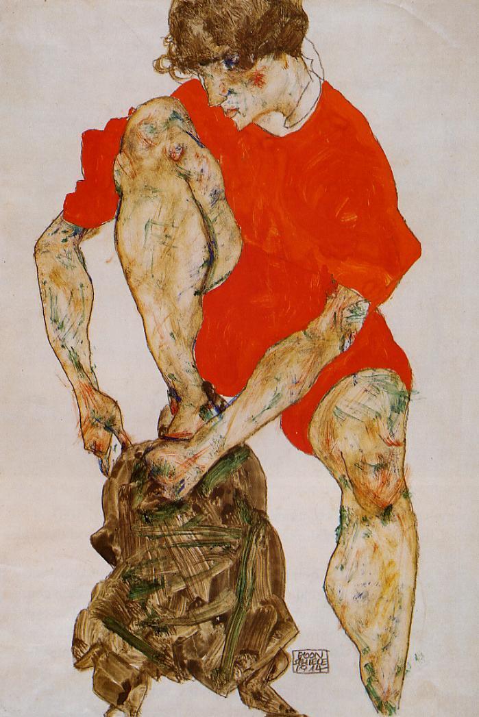 Female Model in Bright Red Jacket and Pants, vintage artwork by Egon Schiele, 12x8