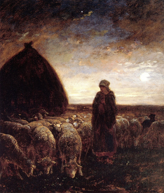 A Shepherdess Watching Her Flock at Night, vintage artwork by Charles-Émile Jacque, A3 (16x12") Poster Print