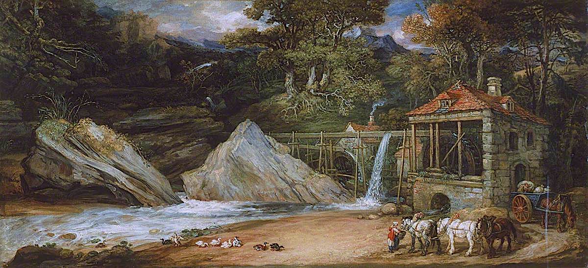An Overshot Mill in Wales, vintage artwork by James Ward, 12x8" (A4) Poster