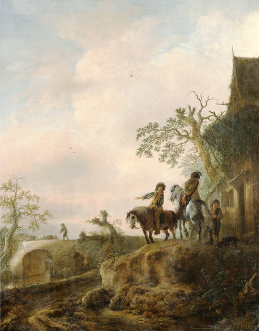Horsemen Halting at an Inn, a Shepherd Driving his Flock across a Bridge beyond, vintage artwork by Isaac van Ostade, 12x8" (A4) Poster