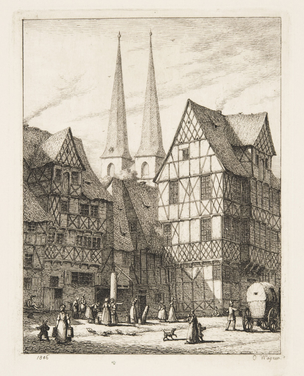 Half-timbered Houses with the Steeples, vintage artwork by Otto Wagner, A3 (16x12") Poster Print