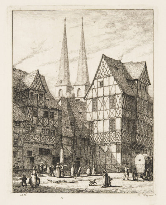 Half-timbered Houses with the Steeples, vintage artwork by Otto Wagner, A3 (16x12") Poster Print