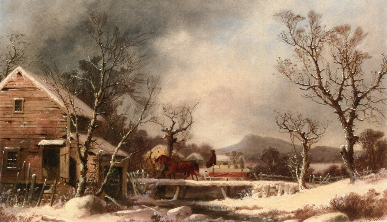 Winter, The Old Mill, vintage artwork by George Henry Durrie, A3 (16x12") Poster Print