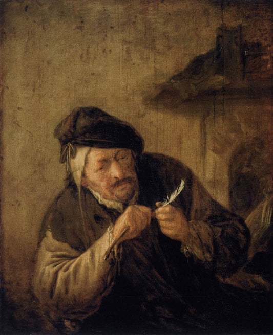Cutting a Feather, vintage artwork by Adriaen van Ostade, 12x8" (A4) Poster