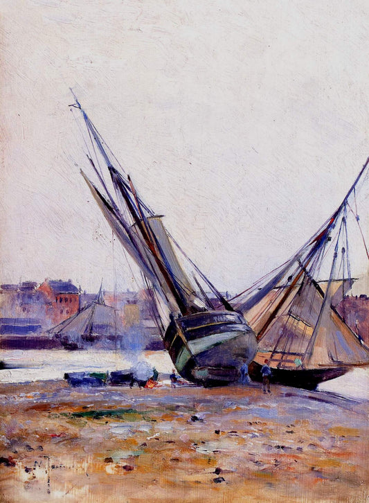 Boats on the Beach, vintage artwork by Mikhail Tkachenko, 12x8" (A4) Poster
