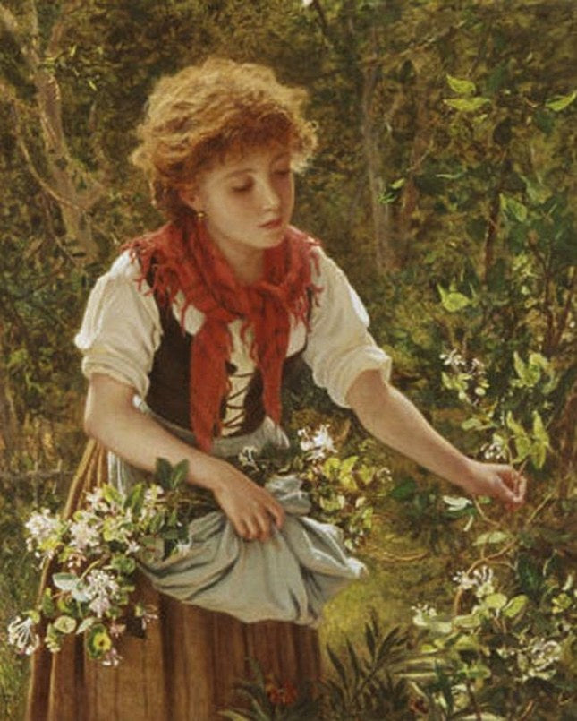 Picking honeysuckle, vintage artwork by Sophie Gengembre Anderson, 12x8" (A4) Poster