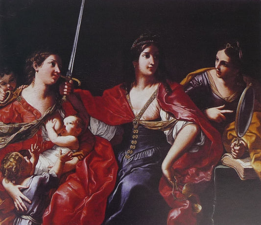 Allegory of Justice, Charity, and Prudence, vintage artwork by Elisabetta Sirani, 12x8" (A4) Poster