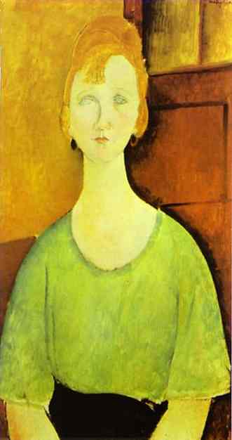 Girl in a Green Blouse, vintage artwork by Amedeo Modigliani, 12x8" (A4) Poster