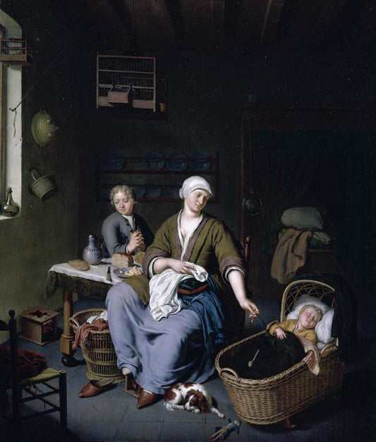 A Mother Attending to Her Children, vintage artwork by Willem van Mieris, 12x8" (A4) Poster