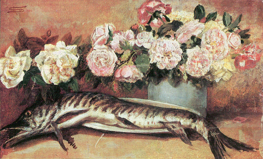Natura morta con fiori e pesce, vintage artwork by Giovanni Segantini, 12x8" (A4) Poster