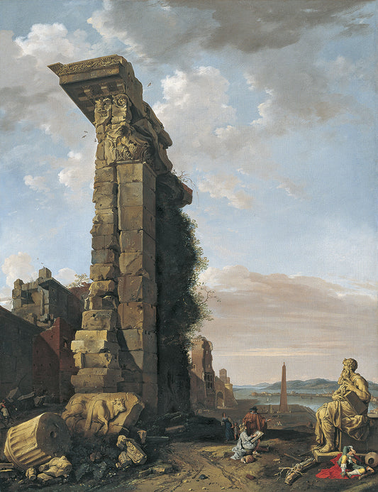 Capriccio with Roman Ruins, Sculptures and a Port, vintage artwork by Bartholomeus Breenbergh, 12x8" (A4) Poster