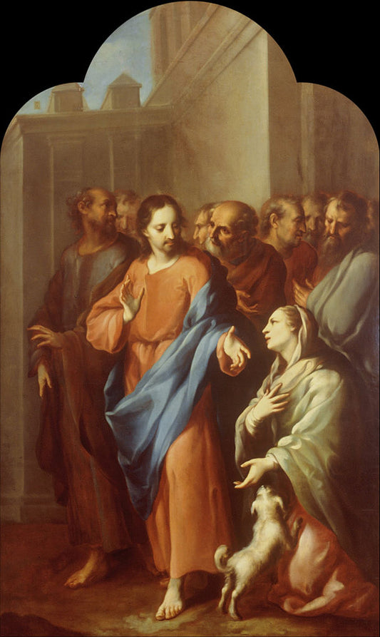 Jesus with the Sick Woman, vintage artwork by Juan Rodriguez Juarez, 12x8" (A4) Poster