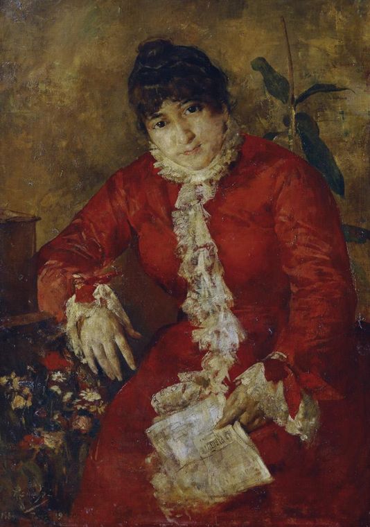 Woman in red dress with a newspaper, vintage artwork by Anton Romako, 12x8" (A4) Poster