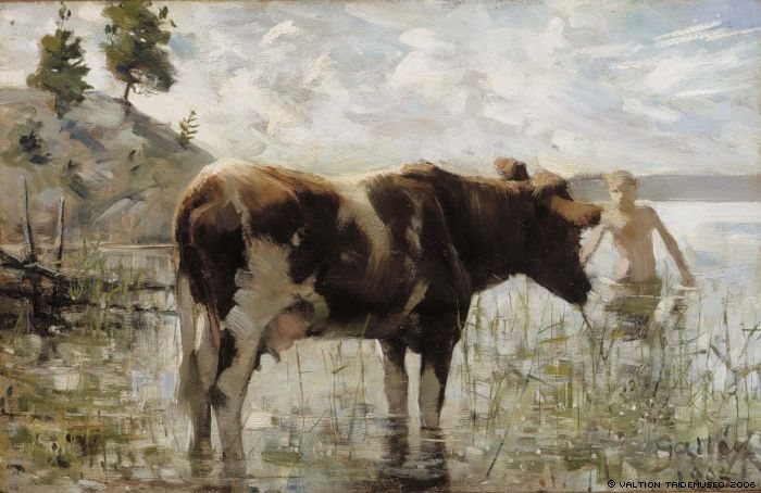 Cow and Boy, vintage artwork by Akseli Gallen-Kallela, 12x8" (A4) Poster