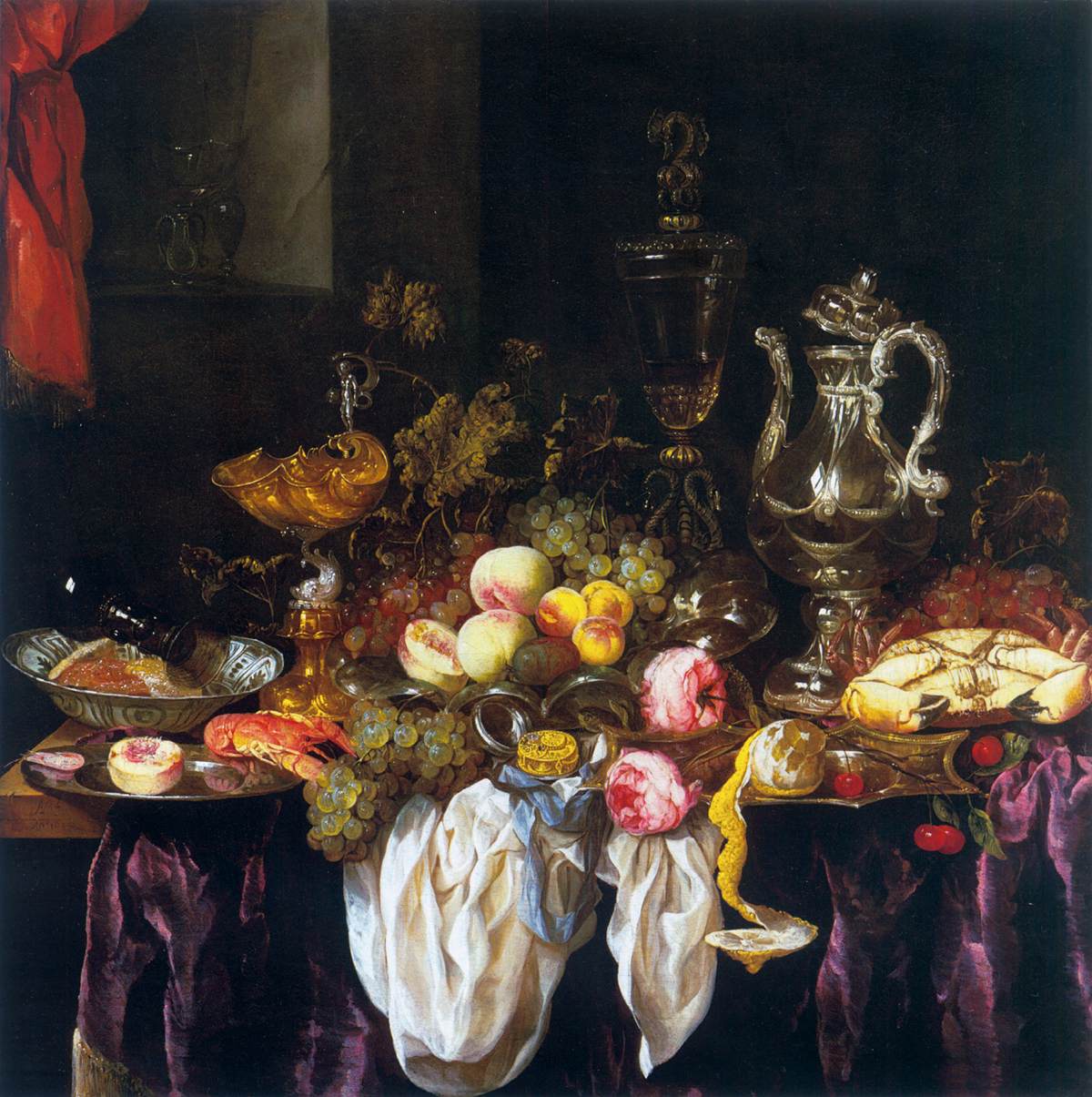 Still Life with Fruit, Sea Food, and Tableware, vintage artwork by Abraham van Beyeren, 12x8" (A4) Poster