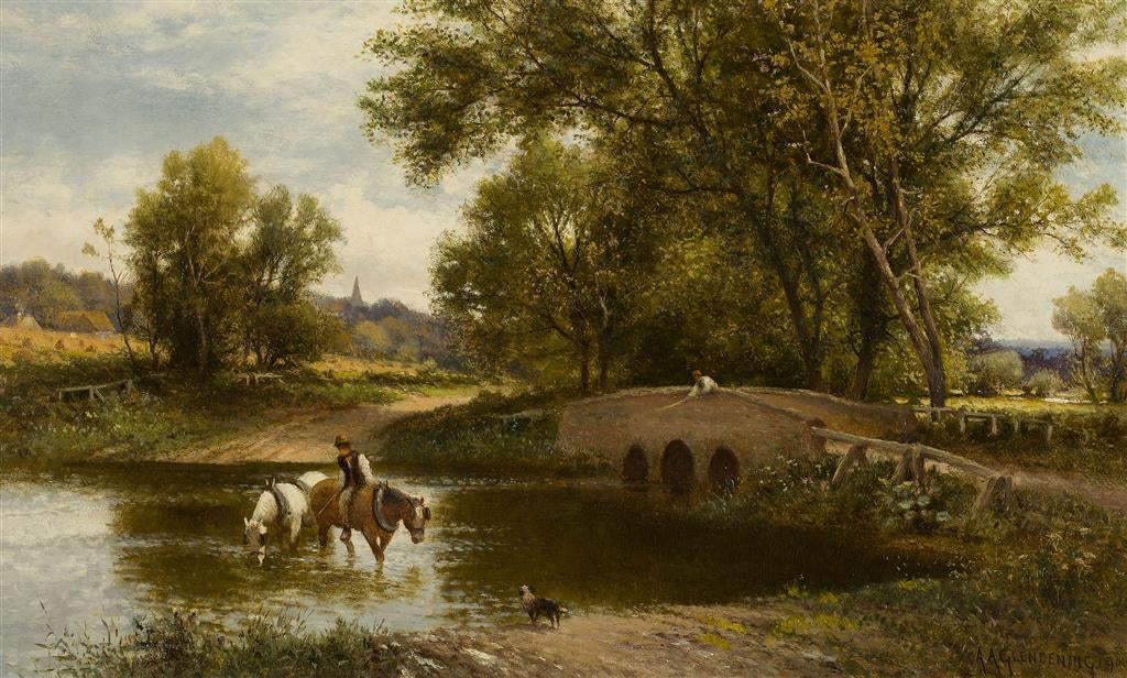Fording the Stream, vintage artwork by Alfred Augustus Glendening Sr., 12x8" (A4) Poster