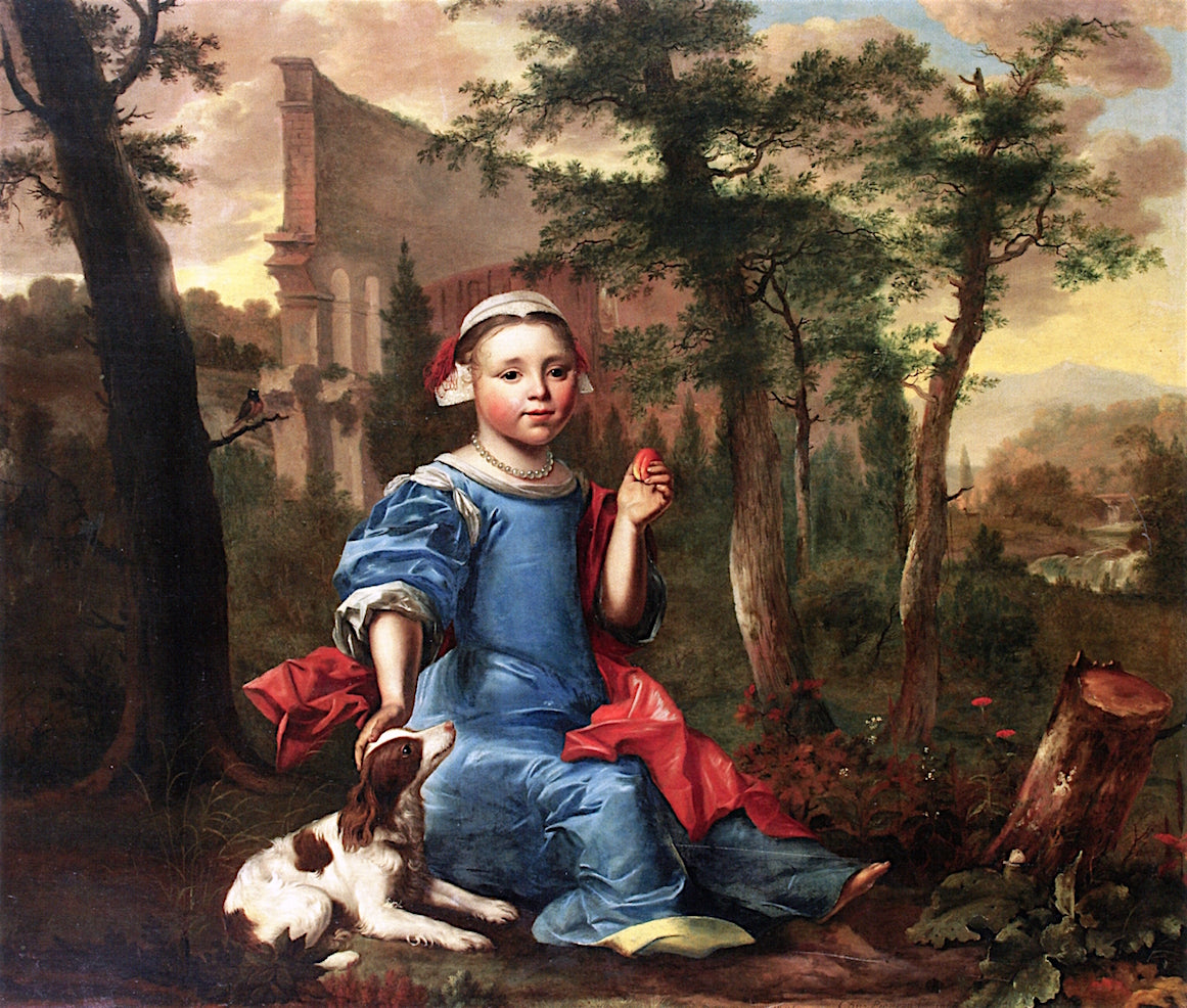 Portrait of a Girl, with a Dog, in a Landscape with the Ruins of the Colosseum beyond, vintage artwork by Christoffel Pierson, 12x8" (A4) Poster