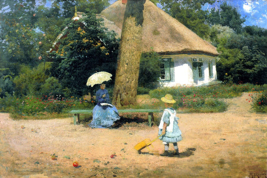 Family in the Garden, vintage artwork by Mikhail Tkachenko, 12x8" (A4) Poster