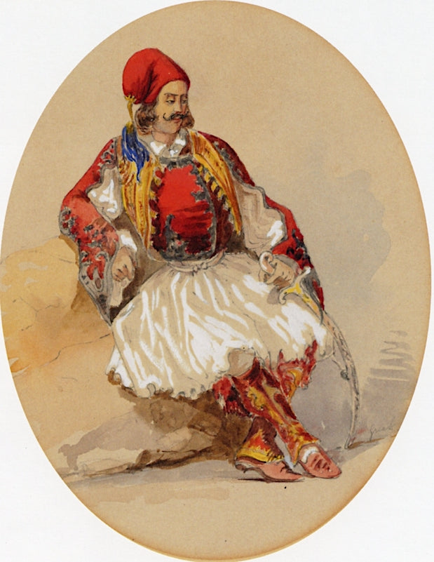 A Greek Man in Traditional Costume, vintage artwork by Count Amadeo Preziosi, A3 (16x12") Poster Print