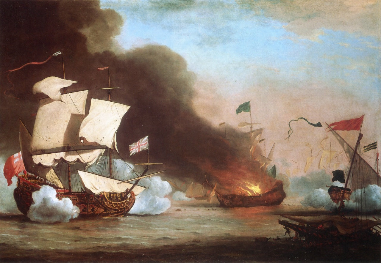 An English Ship in Action with Barbary Pirates, vintage artwork by Willem van de Velde the Younger, 12x8" (A4) Poster