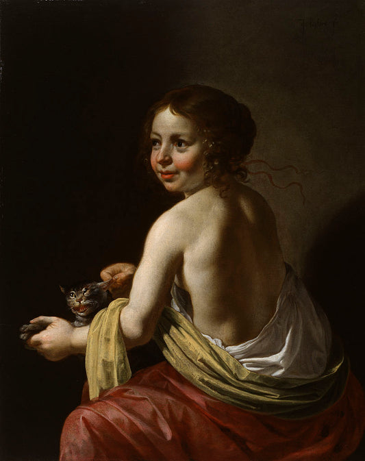 Girl Teasing a Cat, vintage artwork by Jan van Bijlert, 12x8" (A4) Poster