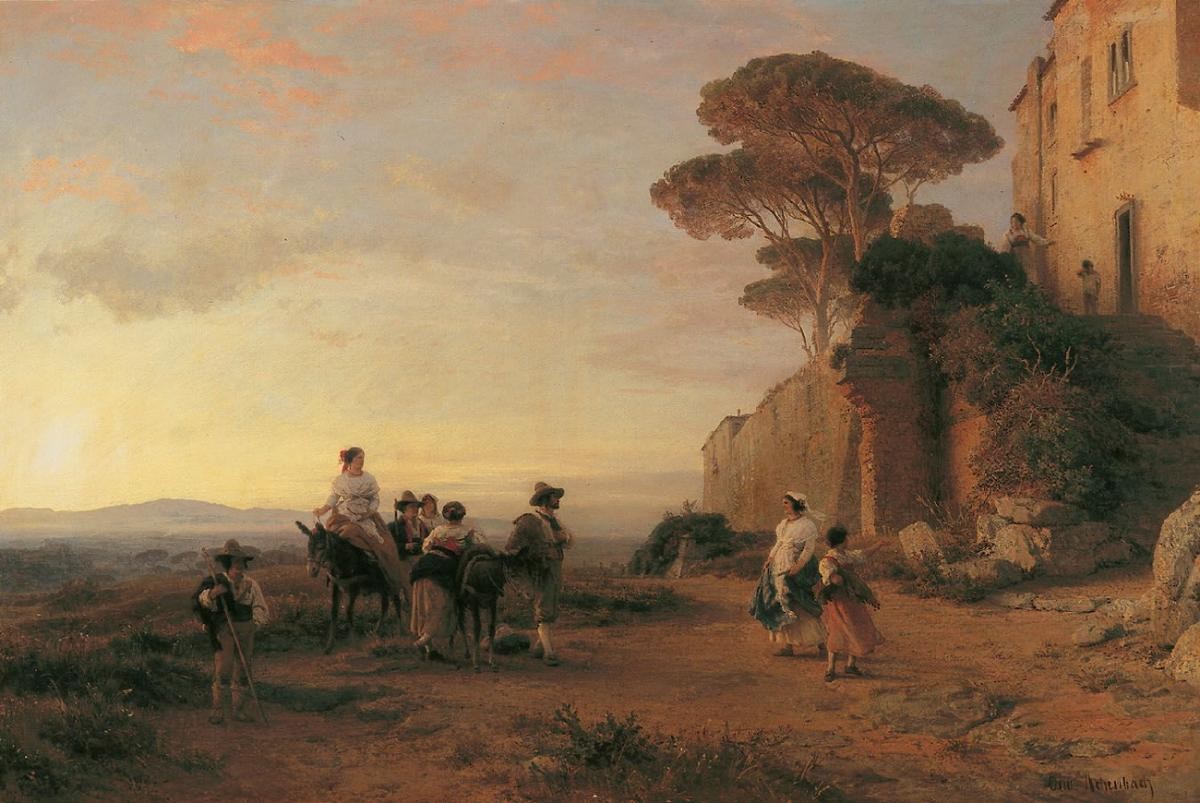 Country People before a Villa in the Roman Campagna, vintage artwork by Oswald Achenbach, 12x8" (A4) Poster