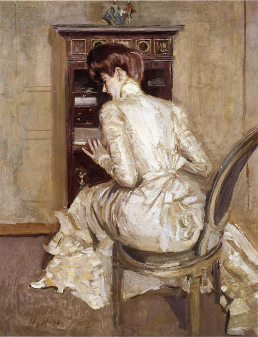 Madame Paul Helleu Seated at Her Secretaire, Seen from the Back, vintage artwork by Paul Cesar Helleu, 12x8" (A4) Poster