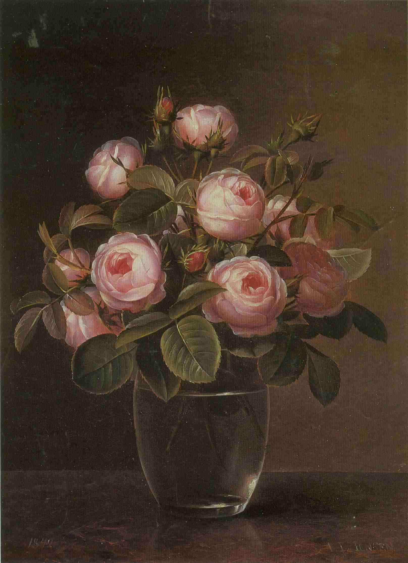 Roses in a glass vase, vintage artwork by Johan Laurentz (J.L.) Jensen, A3 (16x12") Poster Print
