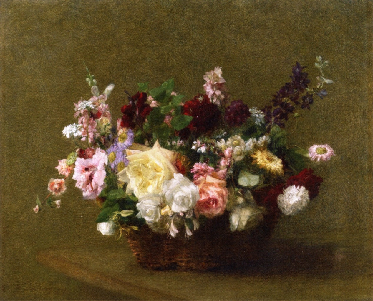 Basket of Mixed Flowers, vintage artwork by Victoria Fantin-Latour, 12x8" (A4) Poster